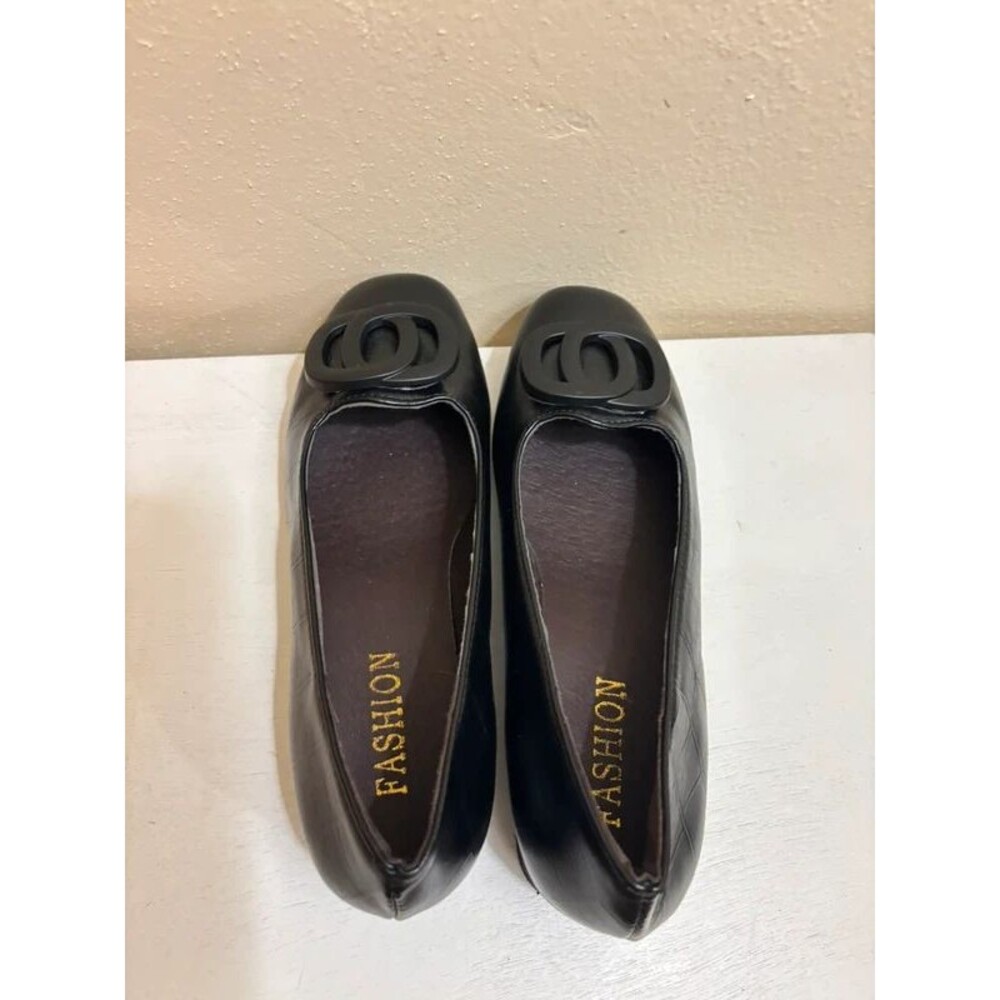 Women's Black Faux Croc Slip-On Flat Shoes with Double Ring Buckle Accent. - Picture 5 of 5